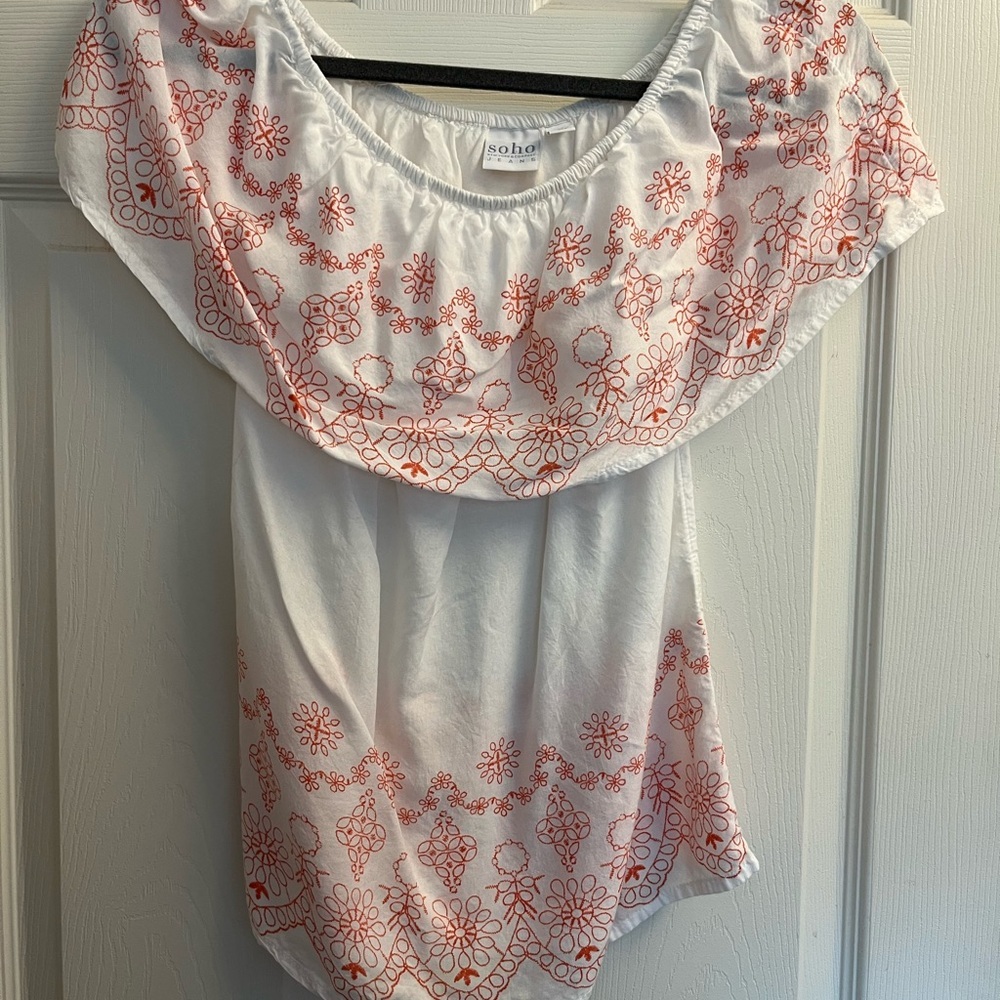 Soho Floral Embroidered Off The Shoulder Blouse in White and Orange Size XS